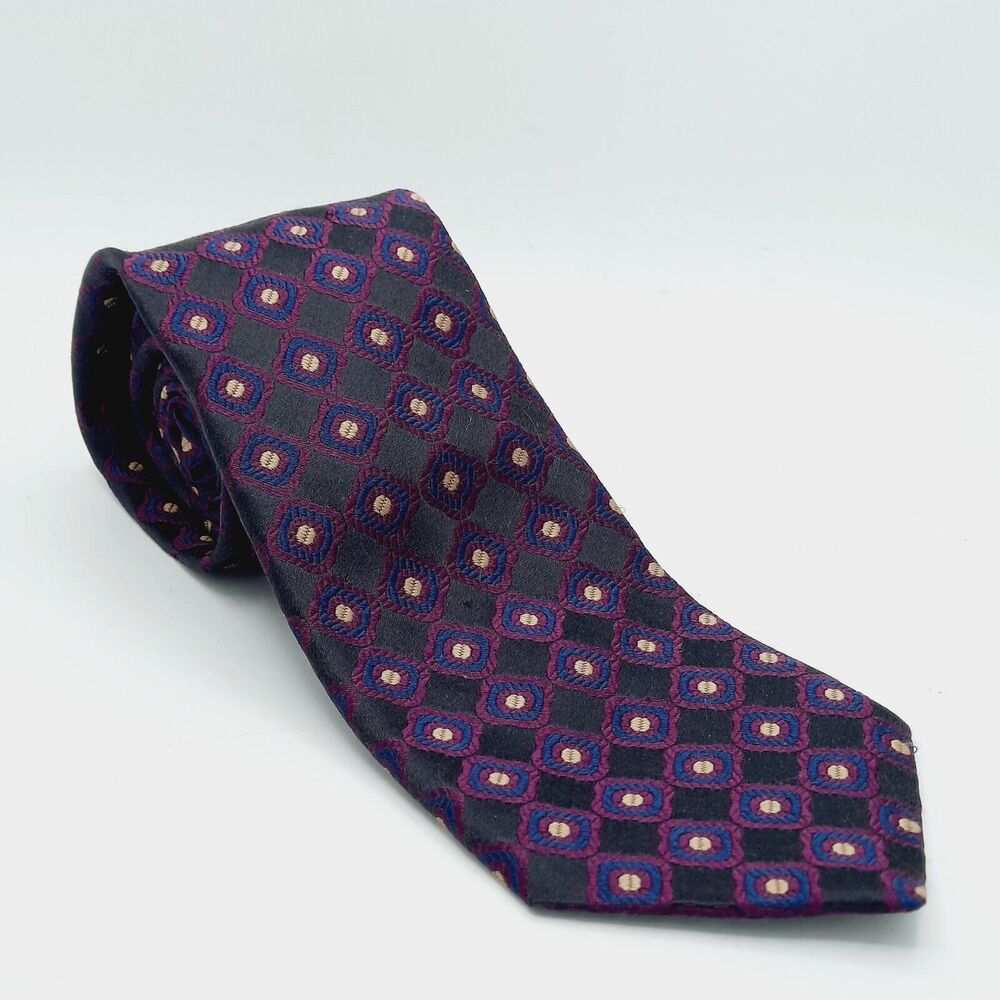 Vintage BARNEYS NEW YORK Handmade Purple Blue Tan Necktie Tie Silk Made ITALY